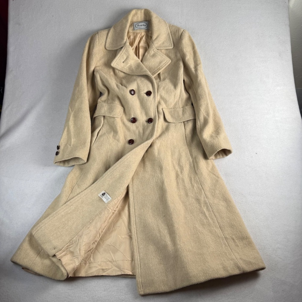 Freddi Gail Vintage Wool Blend Double Breasted Long Coat Cream Beige Made in USA